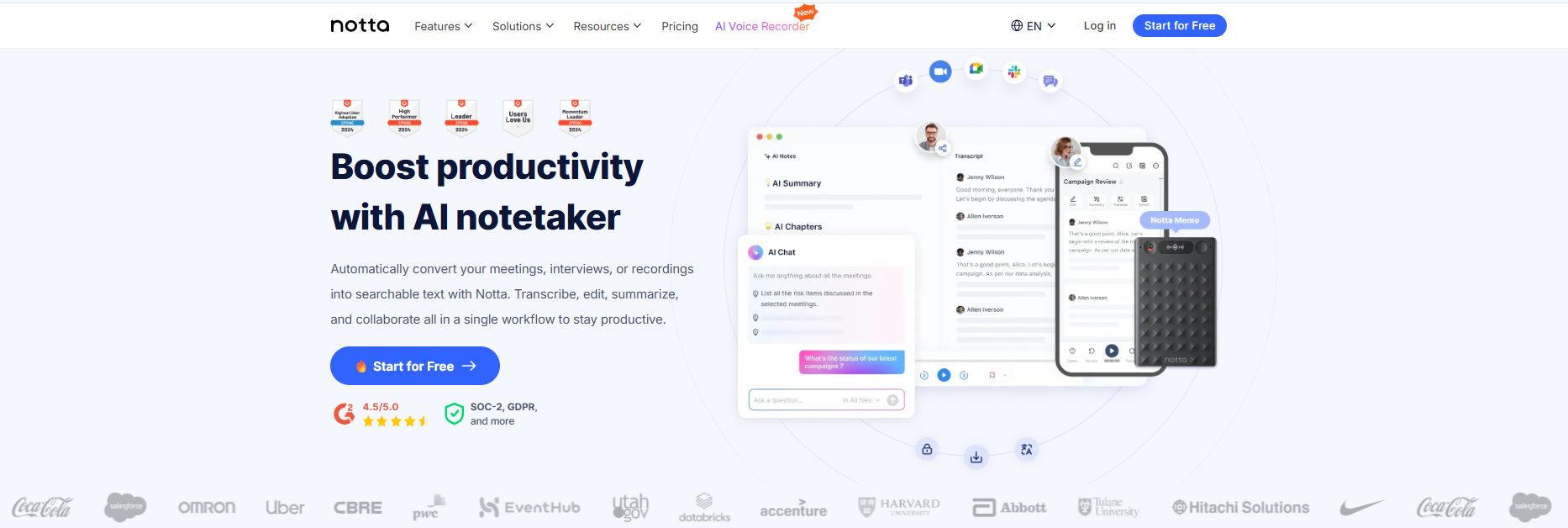 Notta is more focused on meetings, collaboration, and business productivity. It supports real-time transcription and connects with platforms such as Zoom, Microsoft Teams, and Google Meet.